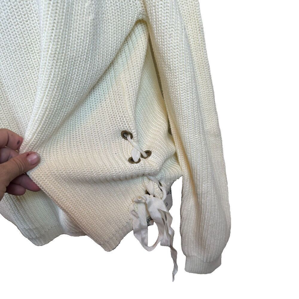 Sundance White Cable Knit Cotton Side Lace Detail Crew Neck Sweater Size Large - Picture 2 of 8
